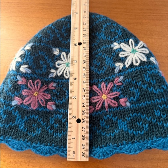 Lost Horizons Teal Wool Crochet Detailing Floral Knit Beanie - Made in Nepal - Picture 9 of 9